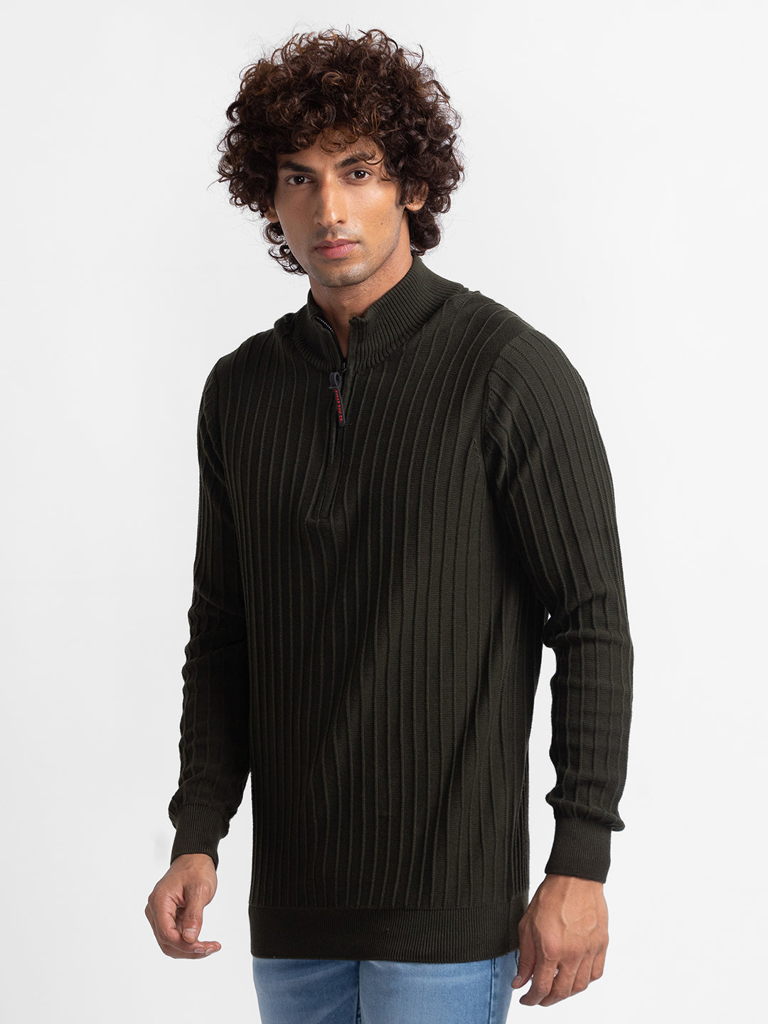Spykar Olive Green Cotton Full Sleeve Casual Sweater For Men
