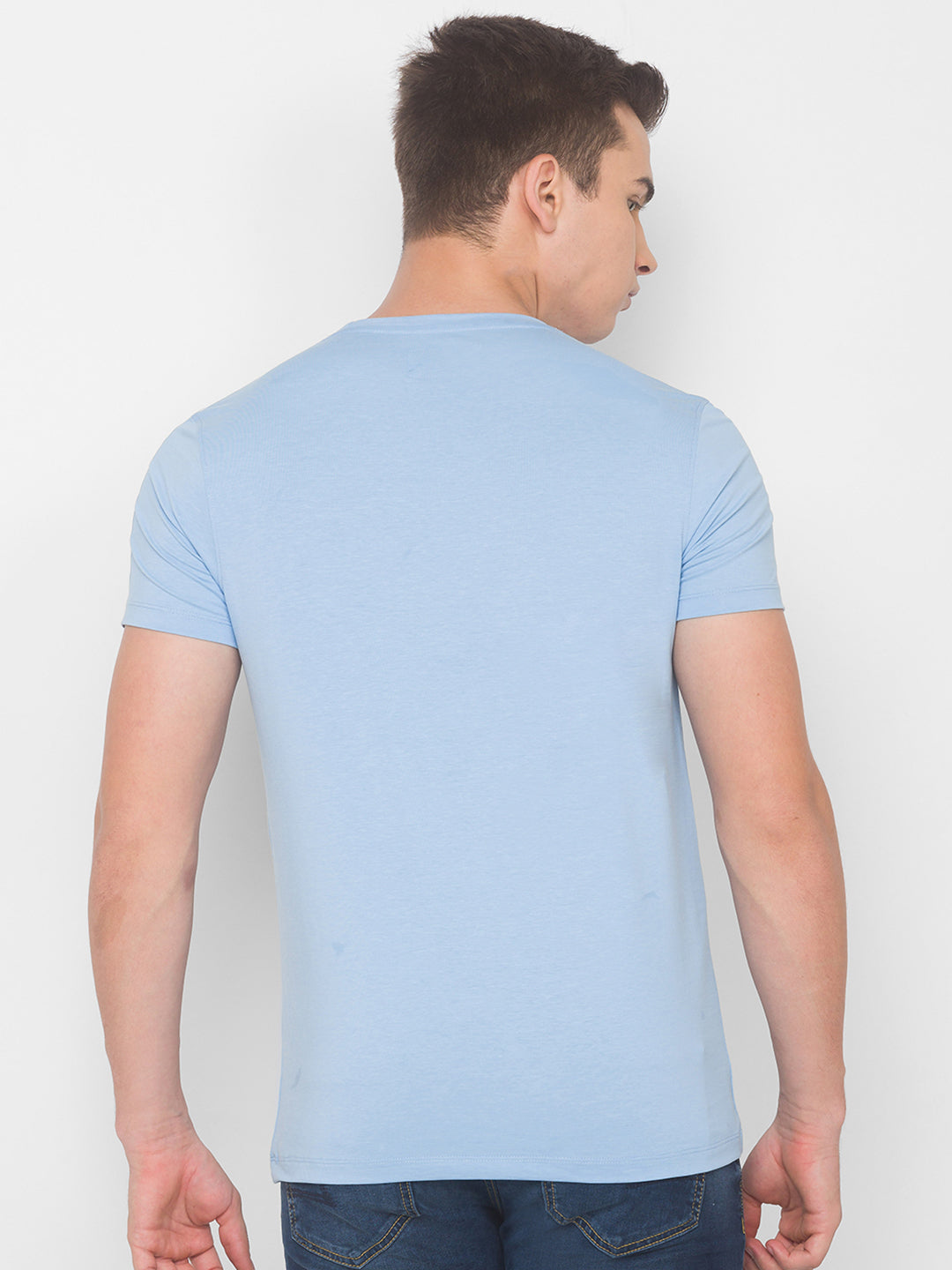 Spykar Men Blue Cotton Blend Slim Fit Round Neck T-Shirt