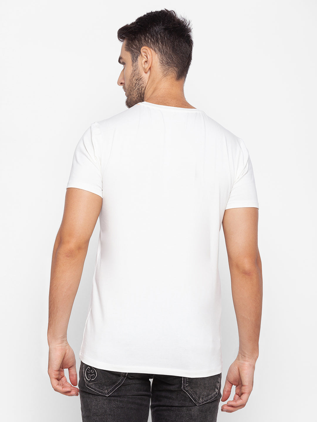 Spykar Men White Cotton Slim Fit Round Neck T-Shirt