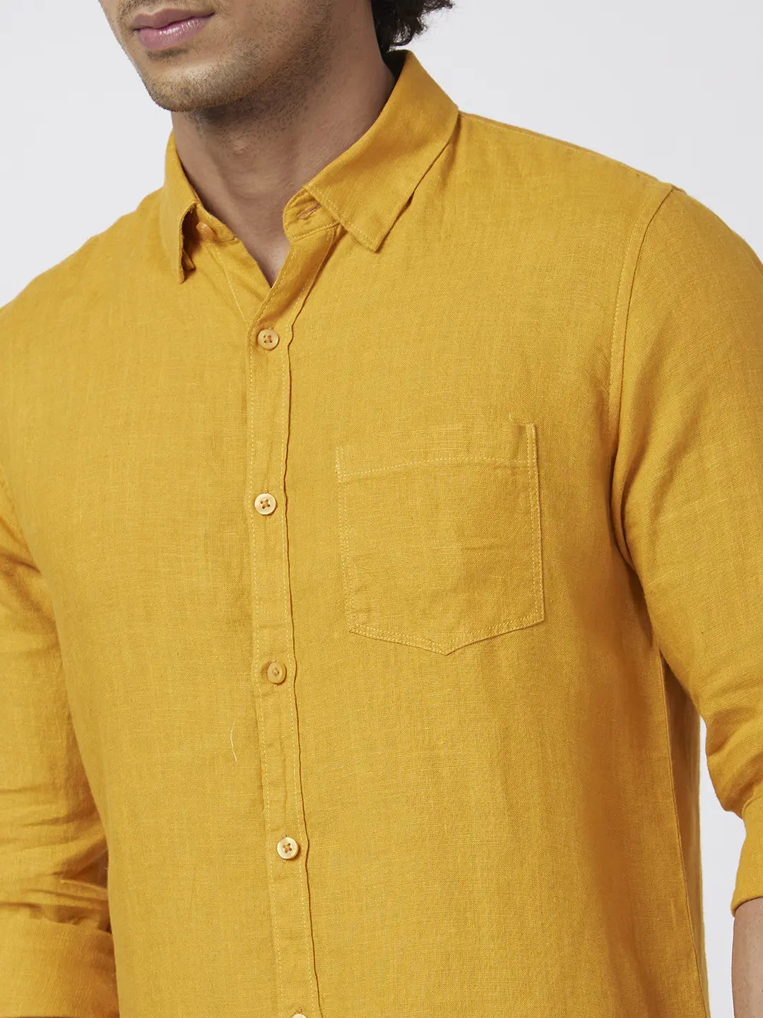 Spykar Men Mustard Yellow Linen Regular Slim Fit Full Sleeve Plain Shirt