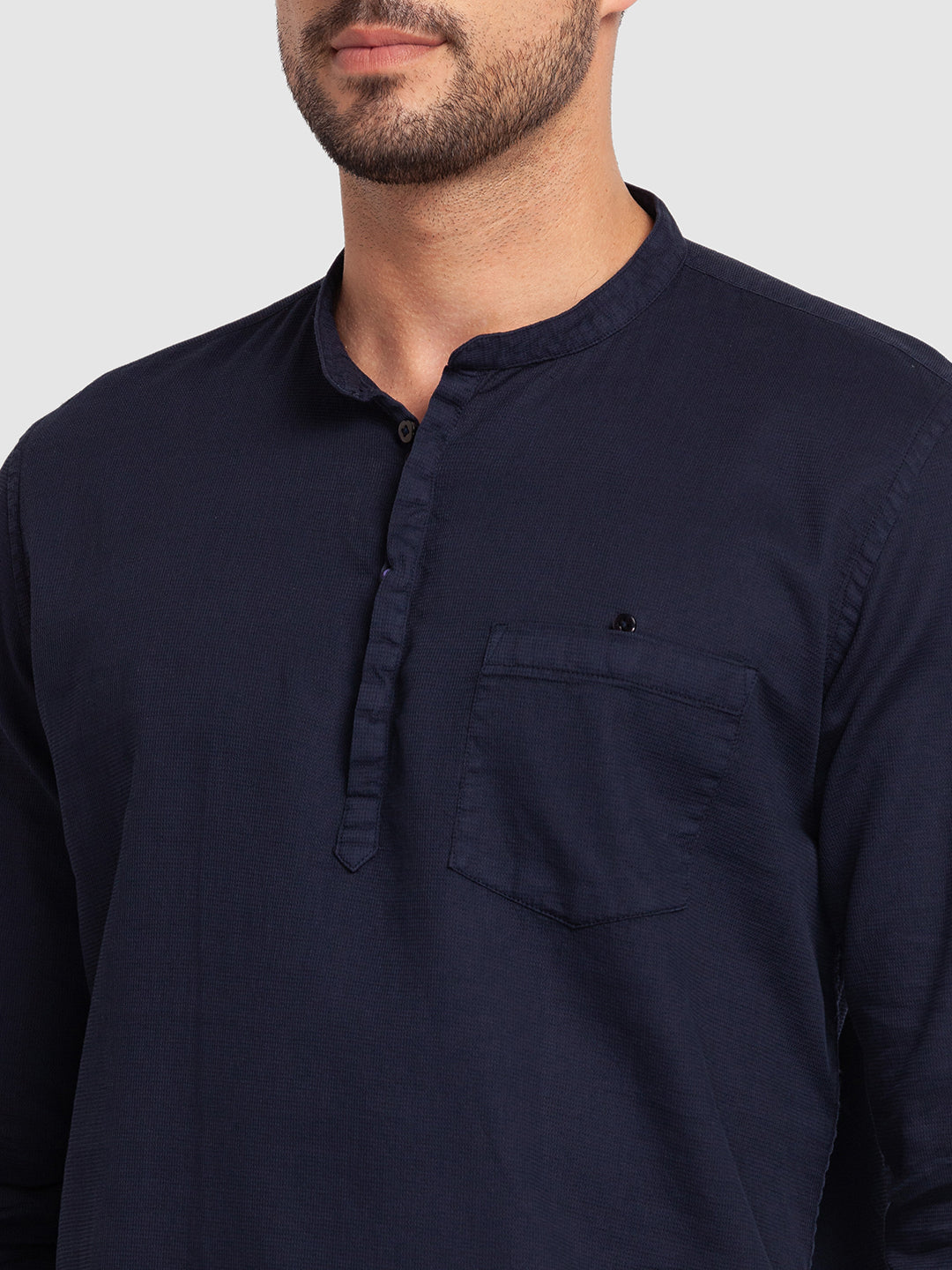Spykar Navy Blue Cotton Full Sleeve Plain Shirt Kurta For Men