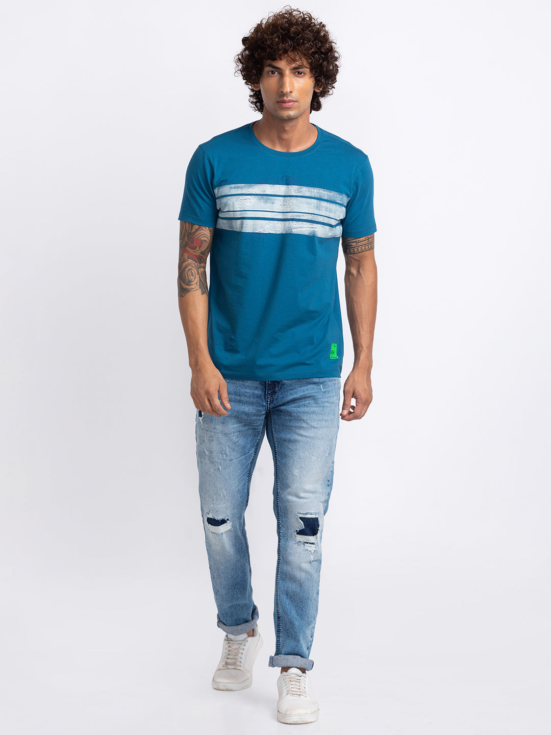 Spykar Men Light Teal Half Sleeve Printed Casual T-Shirt