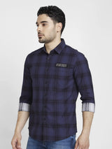 Spykar Men Indigo Blue Cotton Regular Slim Fit Full Sleeve Checkered Shirt