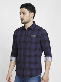 Spykar Men Indigo Blue Cotton Regular Slim Fit Full Sleeve Checkered Shirt