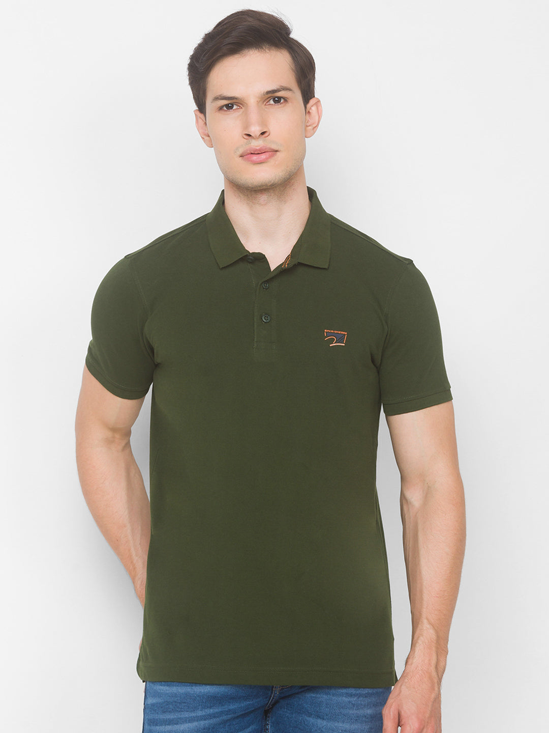 Spykar Men Green Cotton Slim Fit Polo T-Shirt