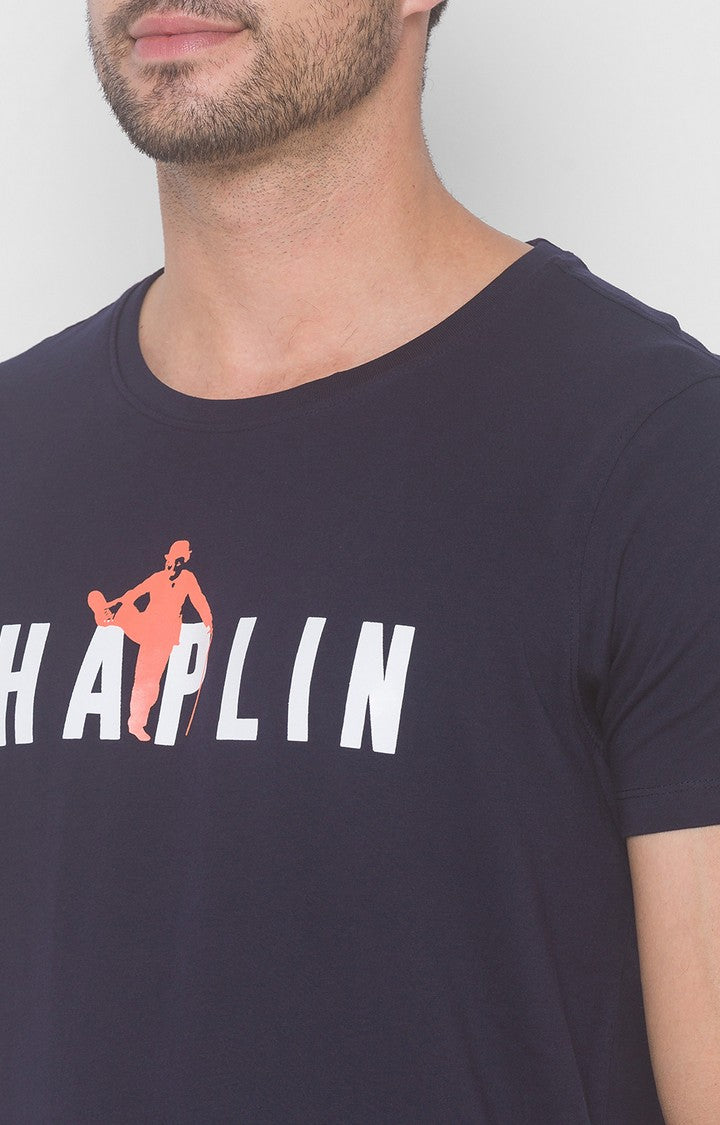 Charlie Chaplin Spykar Men Navy Blue Cotton Slim Fit Round Neck Printed T-Shirt