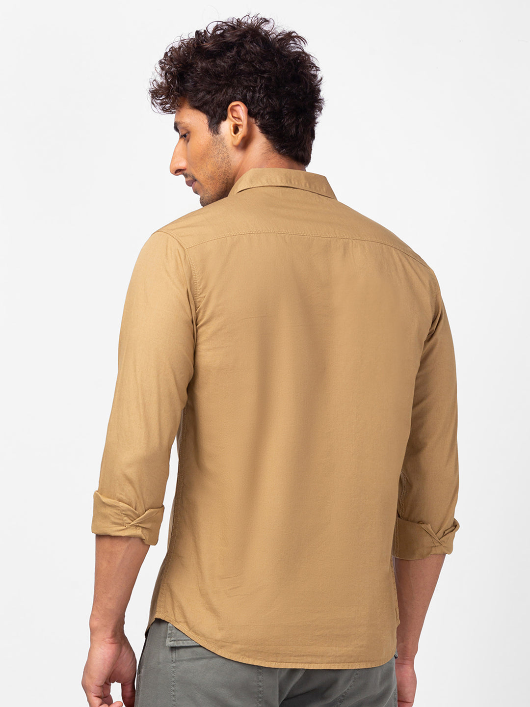 Spykar Men Khaki Cotton Slim Fit Plain Shirts