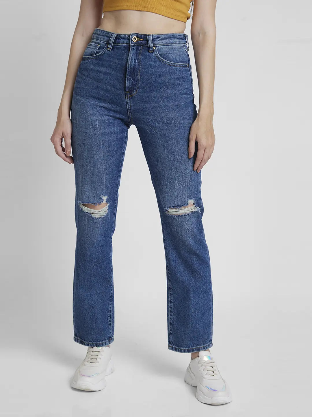 Spykar Women Mid Blue Cotton Straight Fit Regular Length Low Distressed Jeans -(Bella)