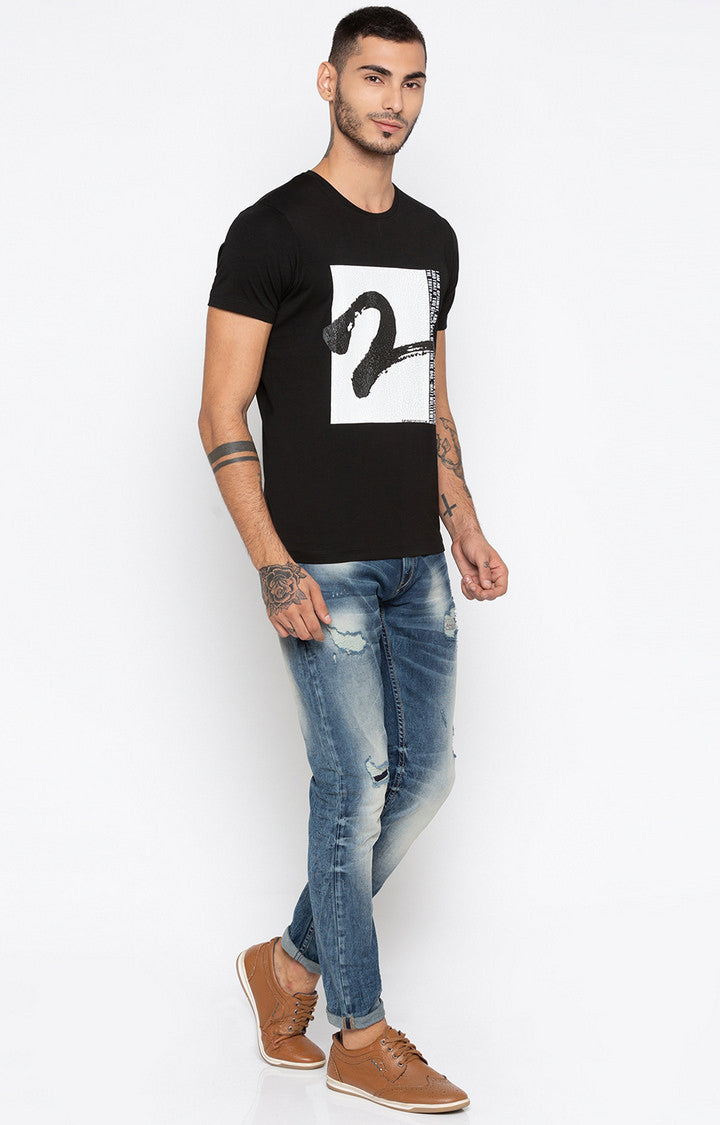 Spykar Black Printed Slim Fit Men T-Shirts