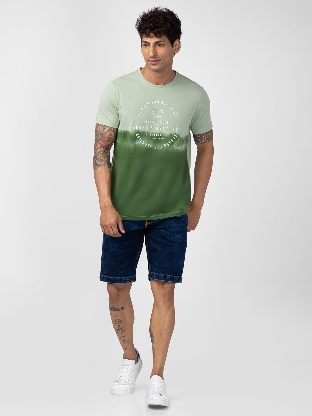 Spykar Men Dusty Green Cotton Regular Fit Half Sleeve Printed T-Shirt