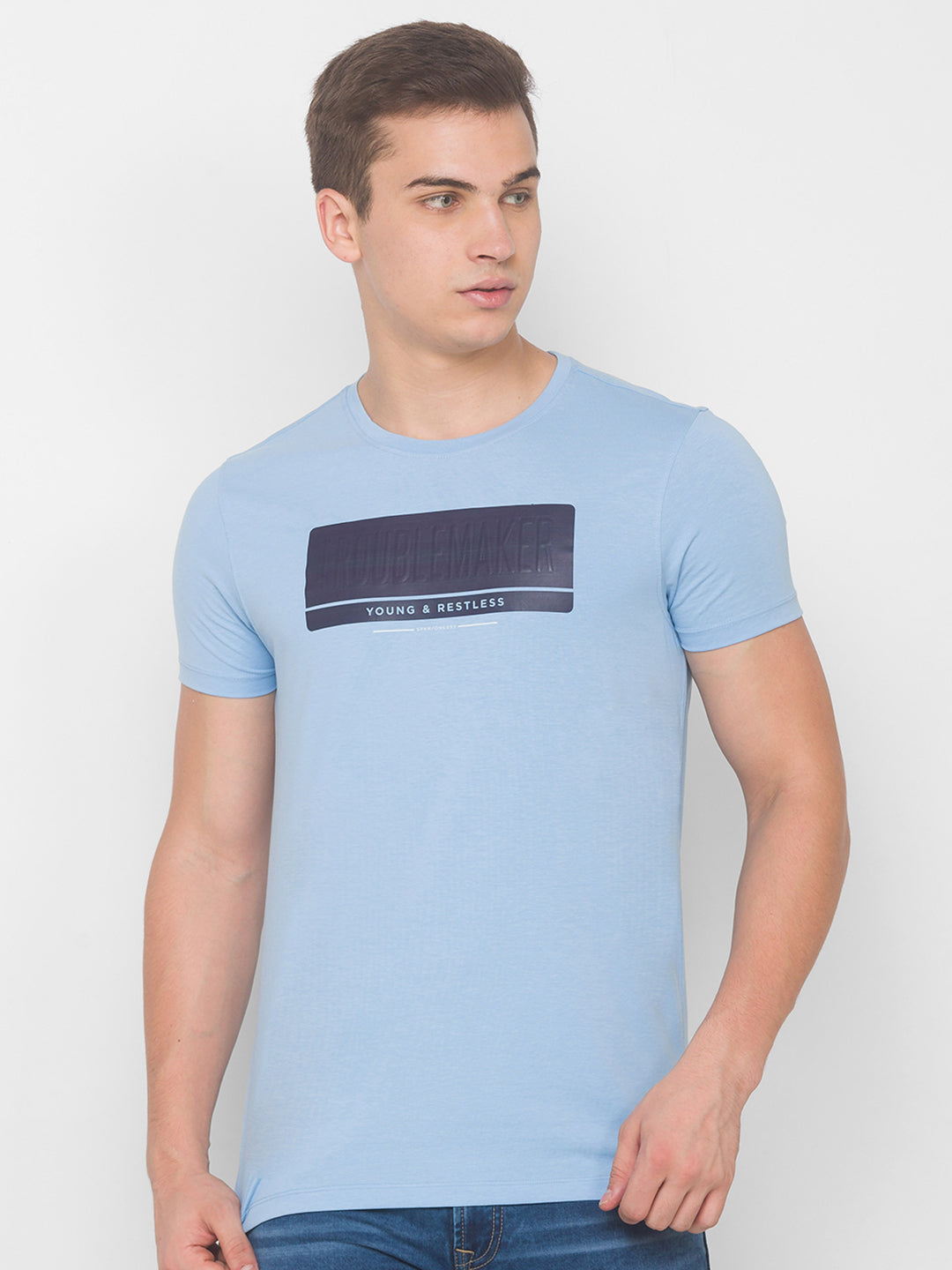 Spykar Men Blue Cotton Blend Slim Fit Round Neck T-Shirt