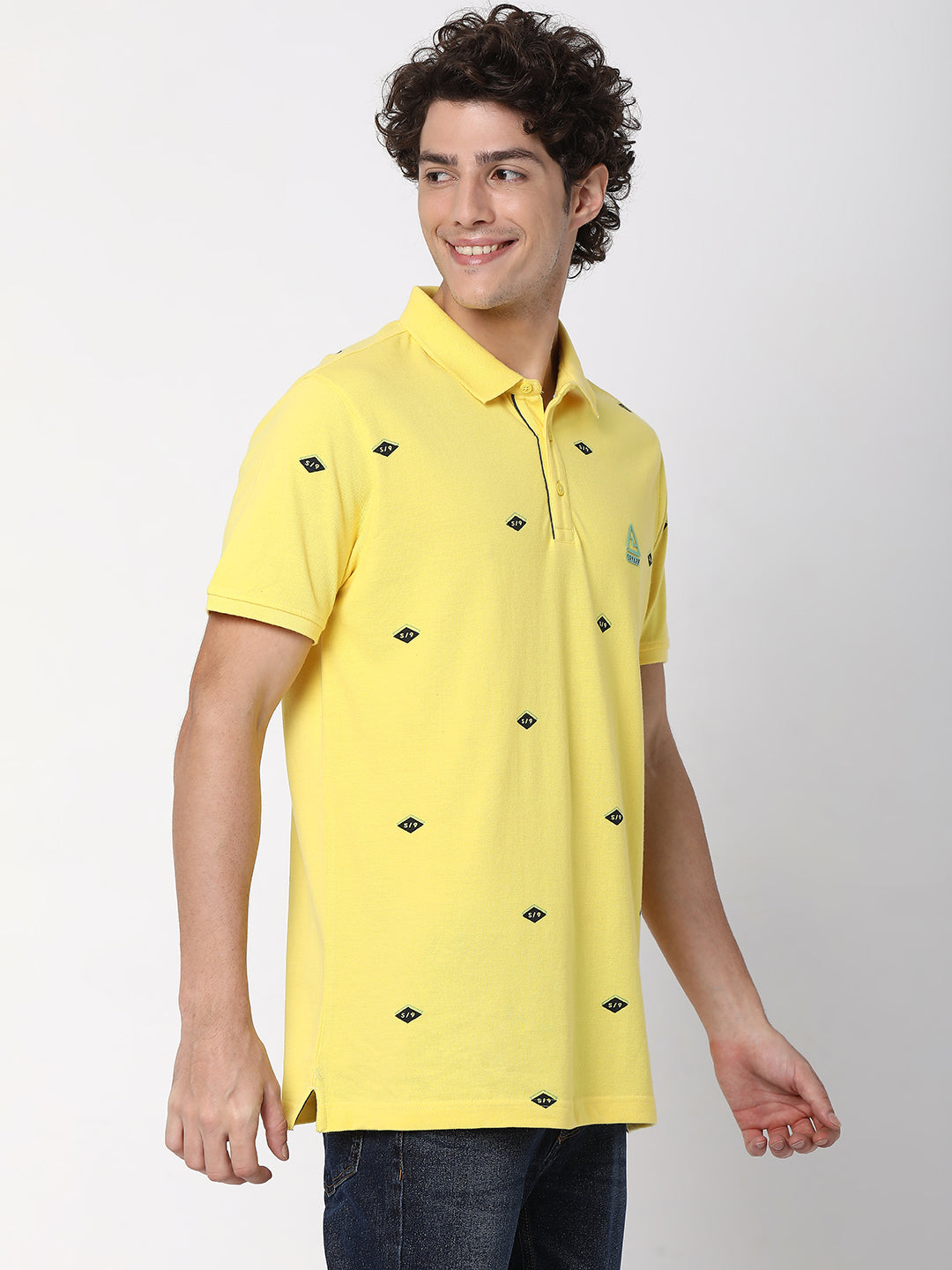 Spykar Men Pastel Yellow Cotton Printed Casual Polo Tshirt