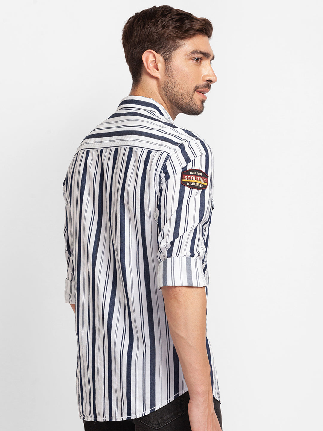 Spykar White Cotton Full Sleeve Stripes Shirt For Men