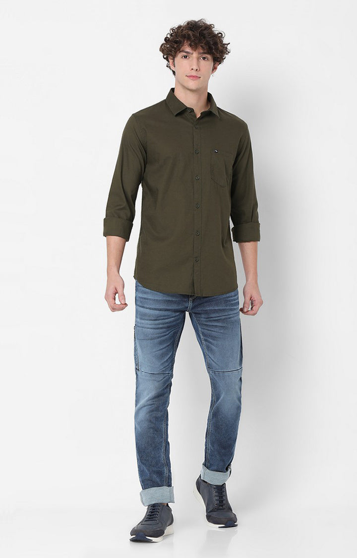 Spykar Green Full Sleeve Plain Shirts For Mens