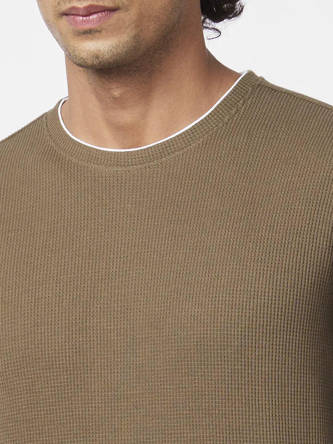 Spykar Men Military Green Blended Slim Fit Full Sleeve Round Neck Plain Sweatshirt