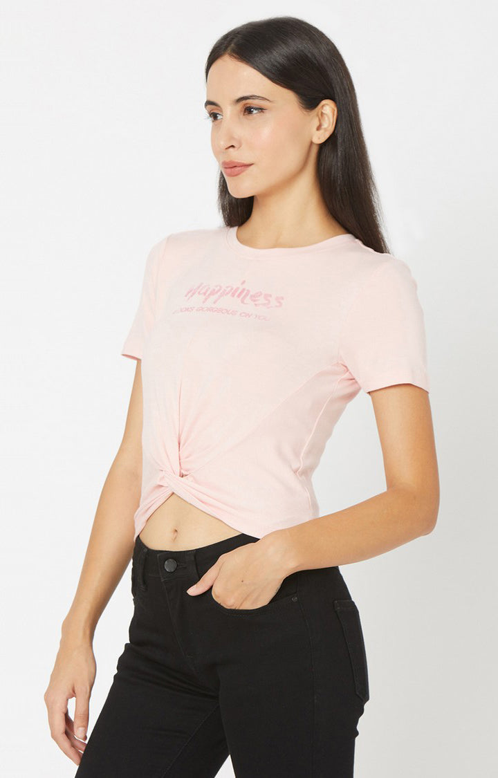 Spykar Women Pink Cotton Slim Fit Round Neck Crop T-Shirts