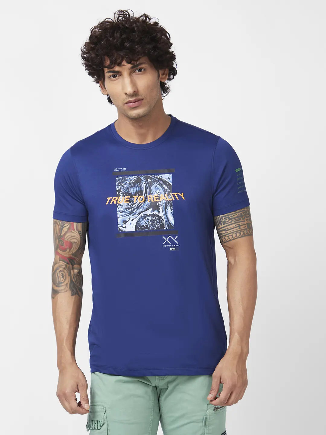 Spykar Men Indigo Blue Blended Slim Fit Half Sleeve Round Neck Printed Tshirt