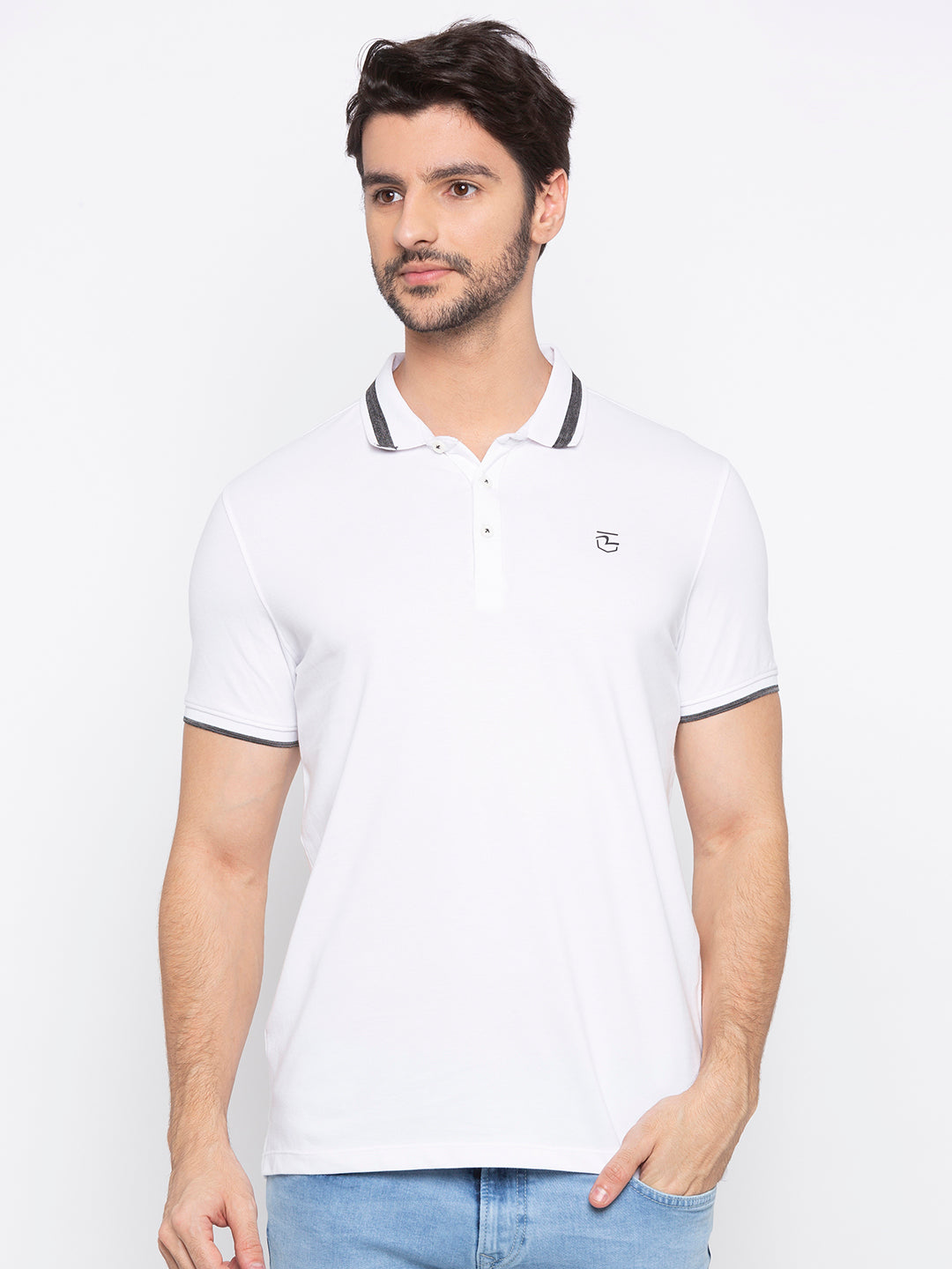 Spykar Men White Cotton Slim Fit Polo T-Shirt