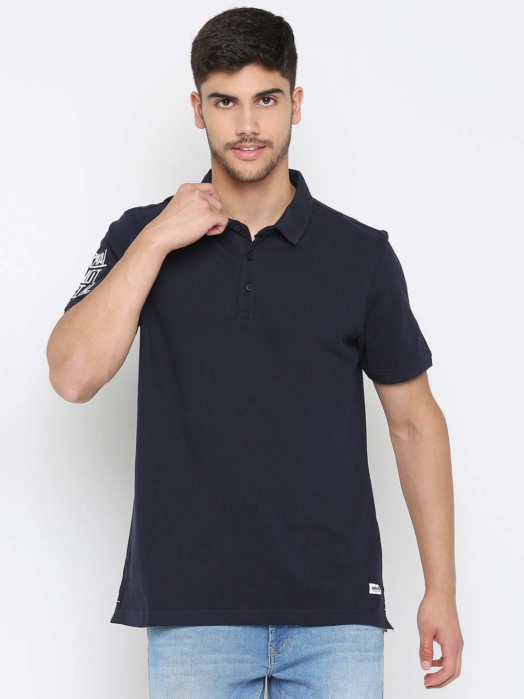 Spykar Ink Blue Cotton Half Sleeve Plain Polo T-Shirt For Men