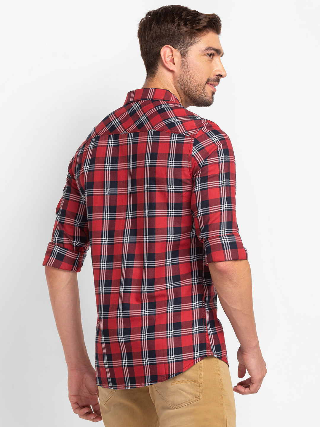 Spykar Brick Red Cotton Full Sleeve Checks Shirt For Men