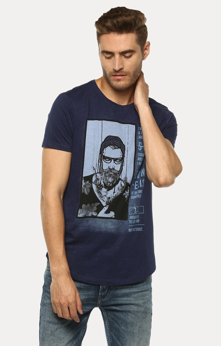 Spykar Navy Blue Printed Slim Fit Men T-Shirts