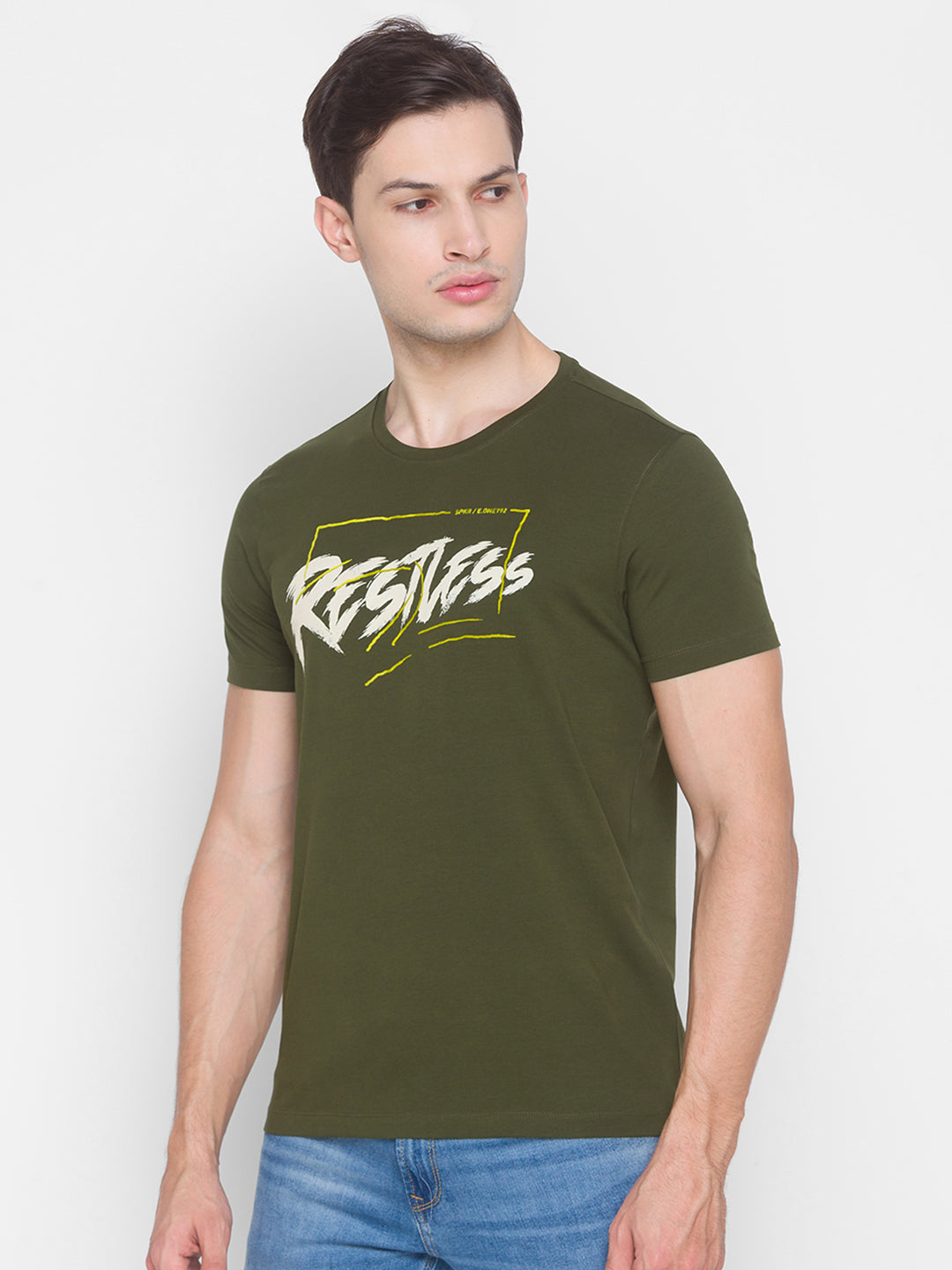 Spykar Men Green Cotton Slim Fit Round Neck T-Shirt