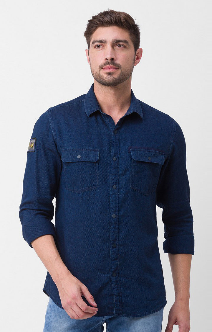 Spykar Dark Blue Cotton Full Sleeve Denim Shirt For Men