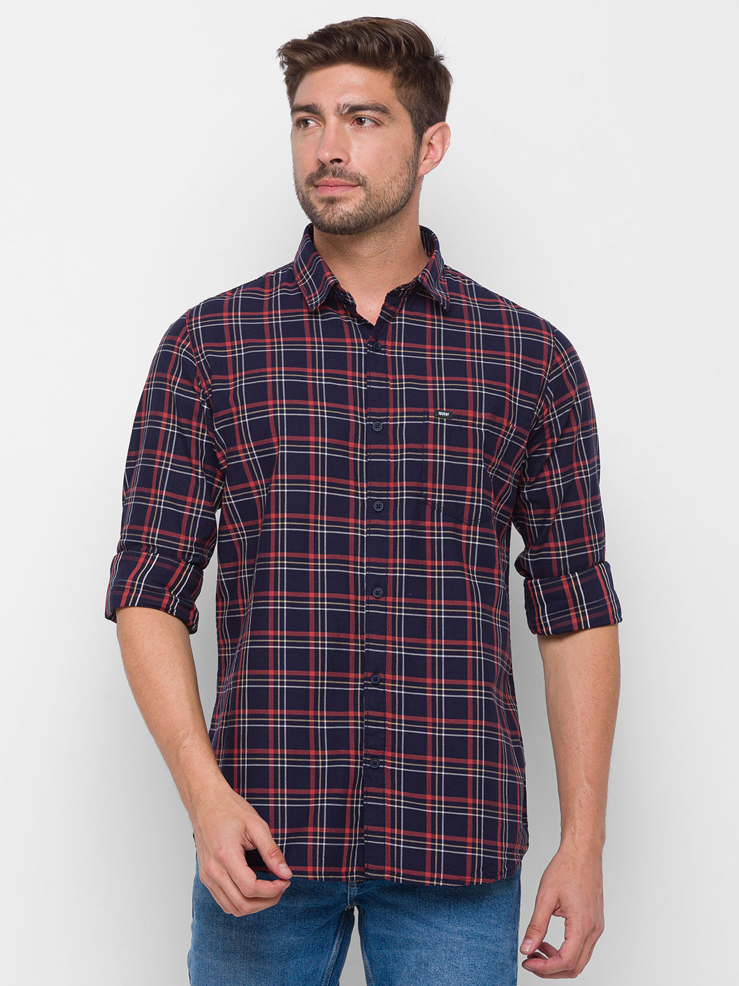 Spykar Red Cotton Slim Fit Shirts For Men