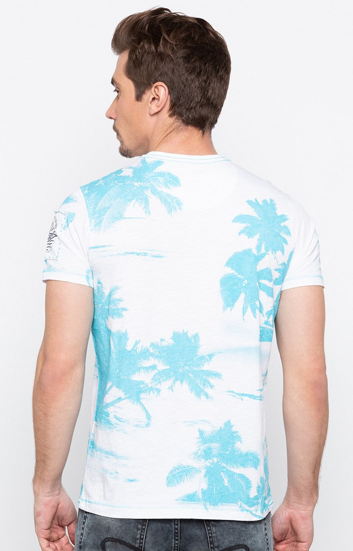 Spykar Sky Blue Printed Slim Fit Men T-Shirts