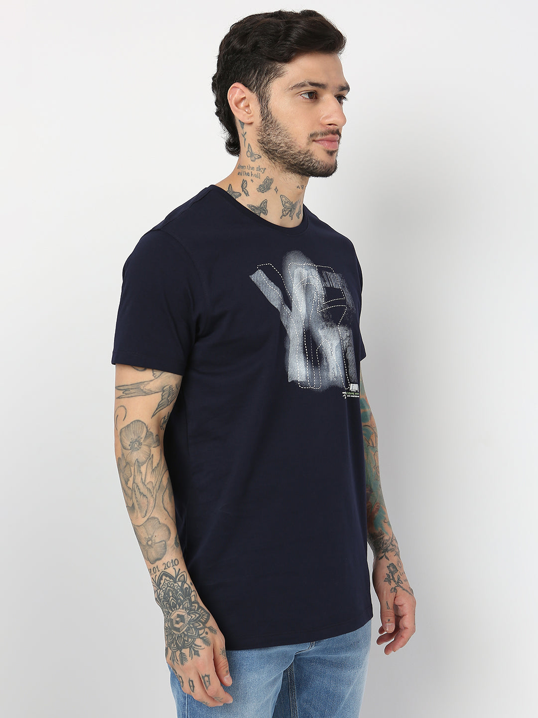 Spykar Men Navy Blue Cotton Slim Fit Round Neck Printed T-Shirt