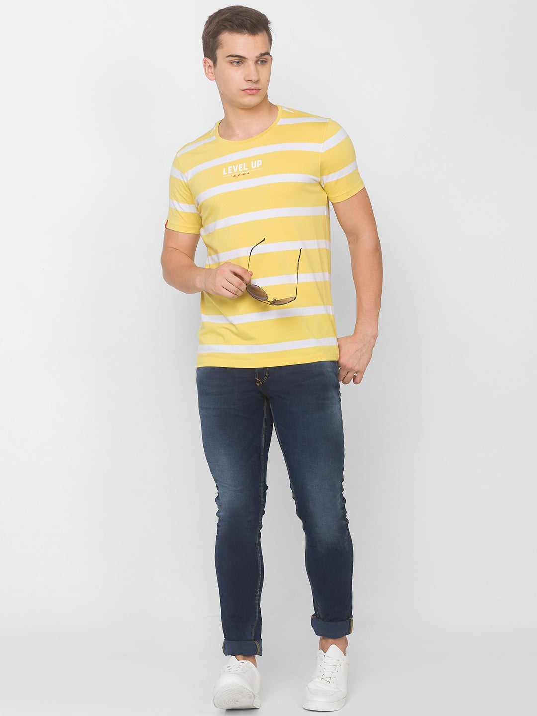 Spykar Men Yellow Cotton Blend Slim Fit Round Neck T-Shirt