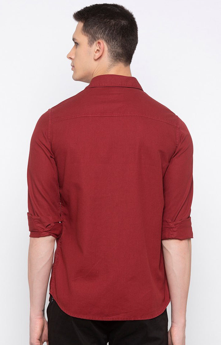 Spykar Red Cotton Slim Fit Shirts For Men