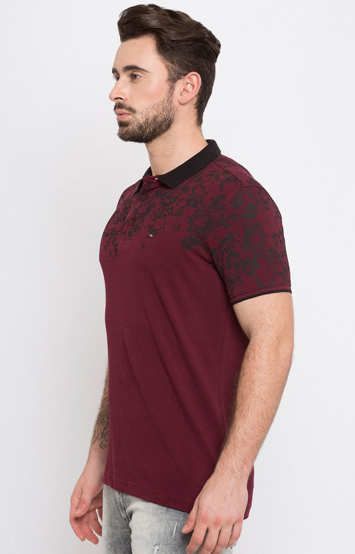 Spykar Wine Printed Slim Fit Polo T-Shirt