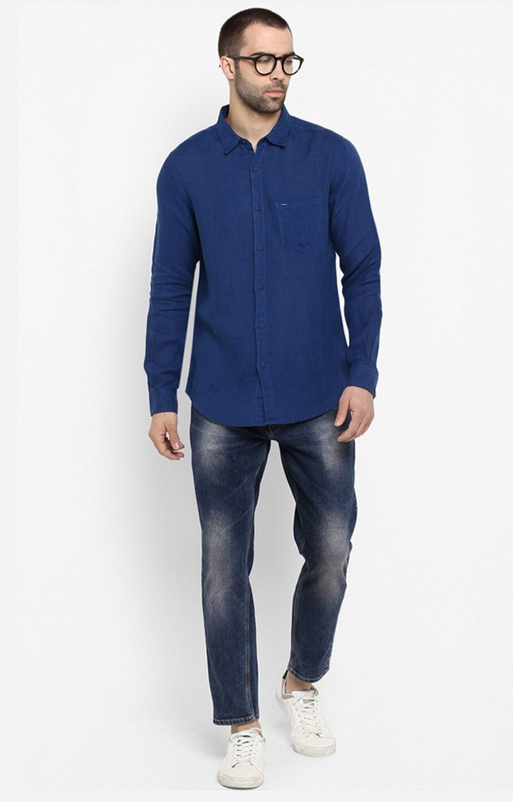 Spykar Men'S Blue Linen Solid Casual Shirts