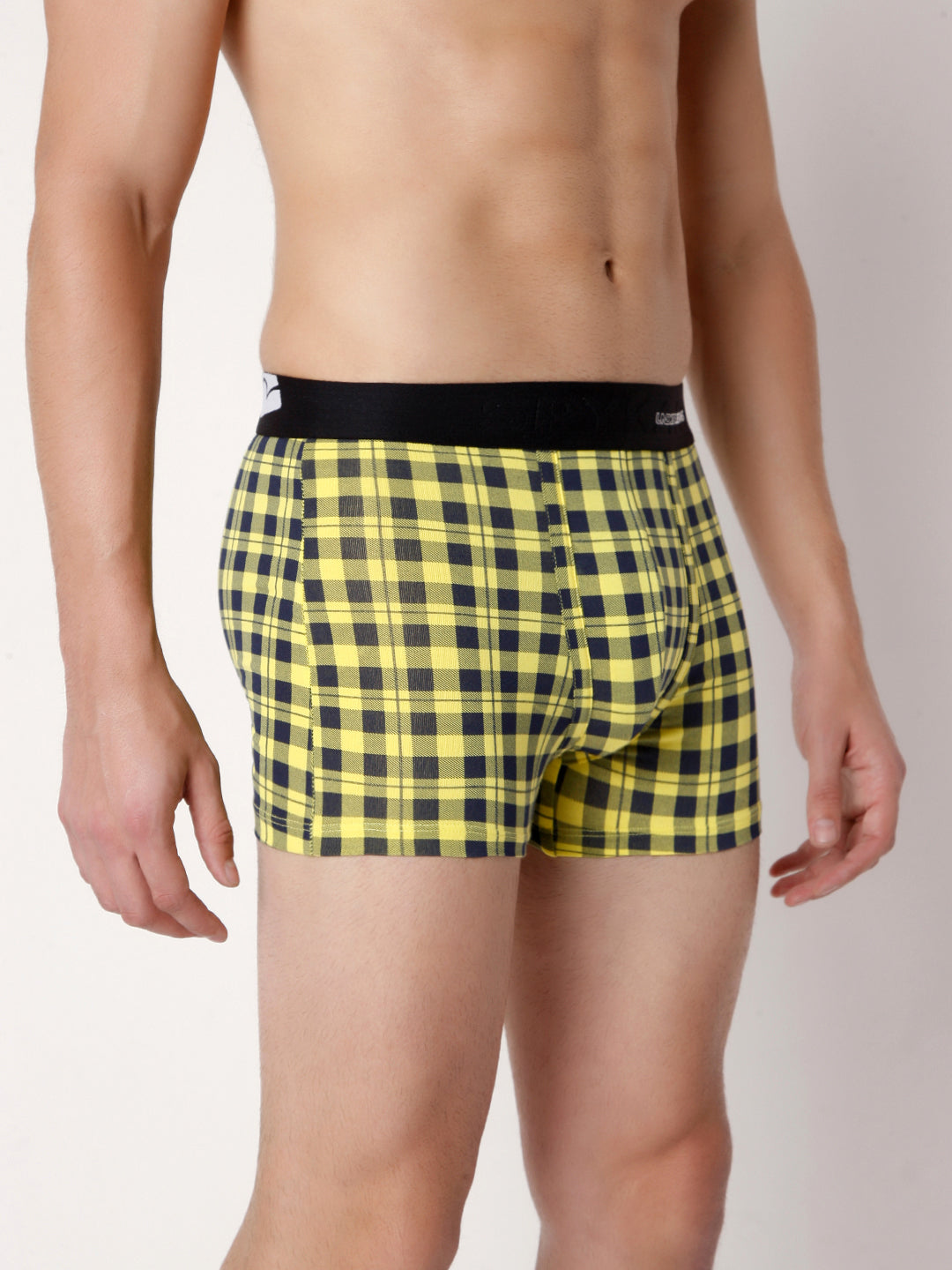 Men Premium Yellow Check Cotton Blend Trunk- Underjeans By Spykar