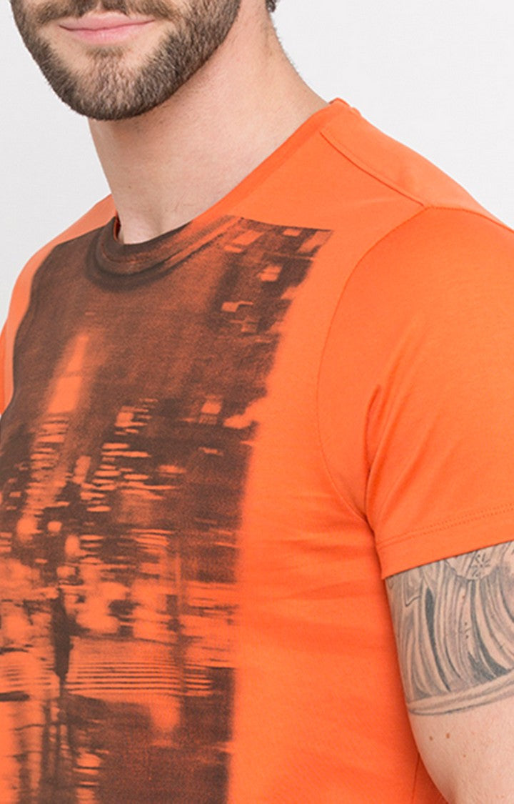 Spykar Orange Printed Slim Fit Men T-Shirts