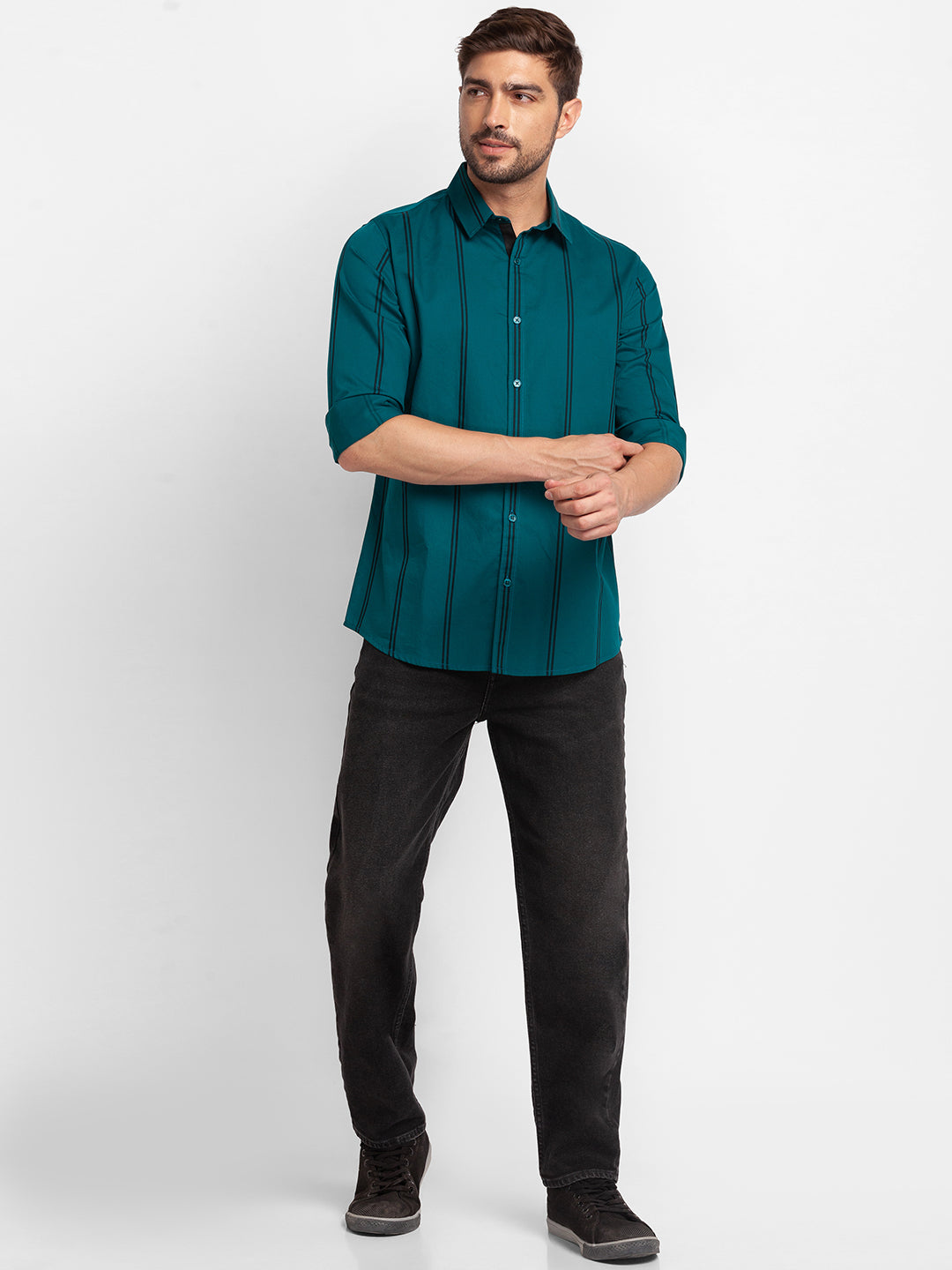 Spykar Sporty Green Cotton Full Sleeve Stripes Shirt For Men