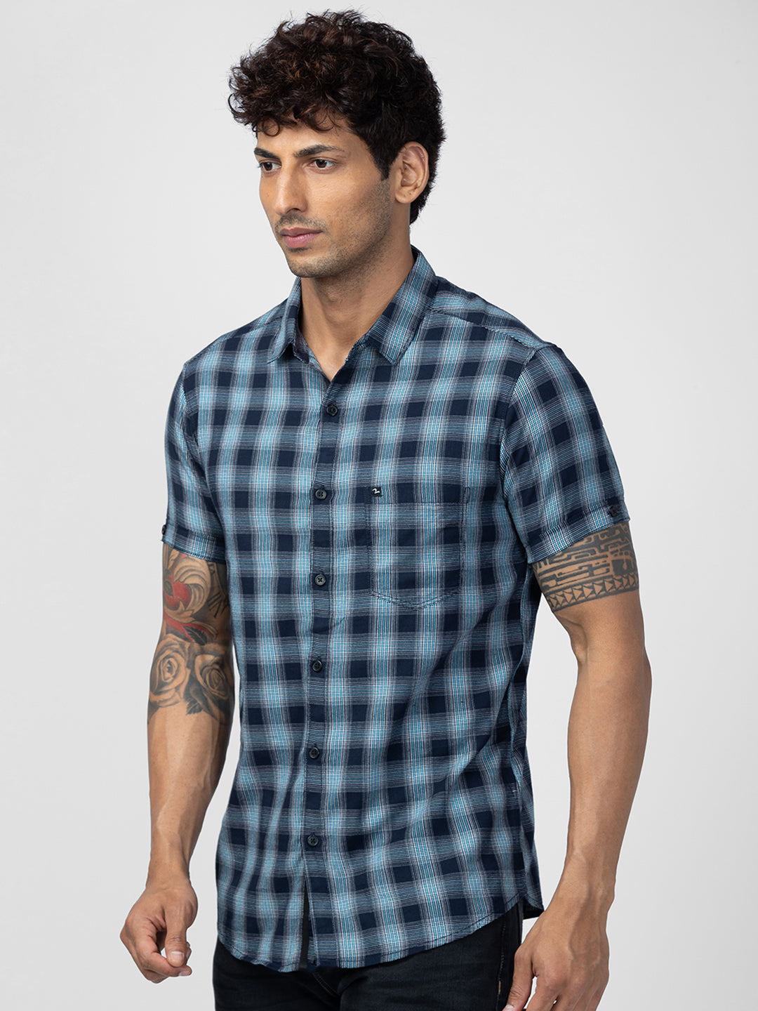 Spykar Men Navy Blue Cotton Slim Fit Checkered Shirt