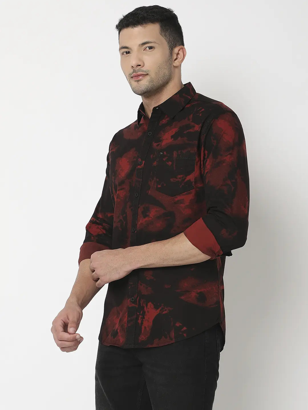 Spykar Men Wine Cotton Slim Fit Printed Shirt