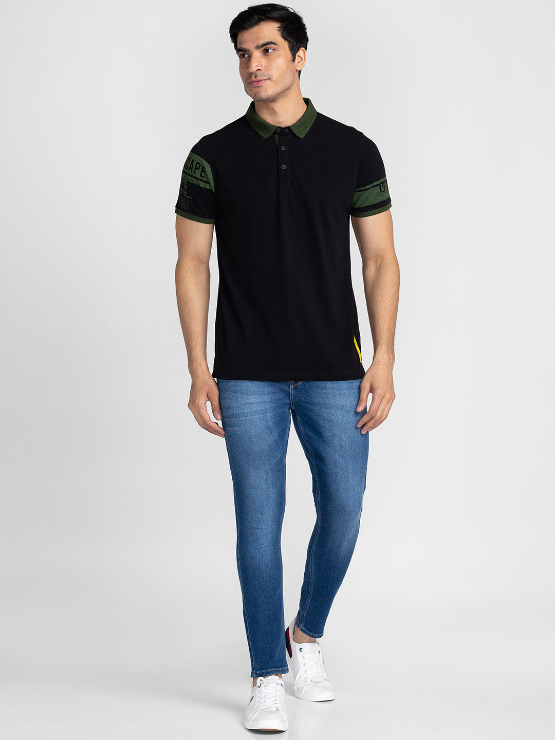 Spykar Men Black Cotton Slim Fit Polo Printed T-Shirt