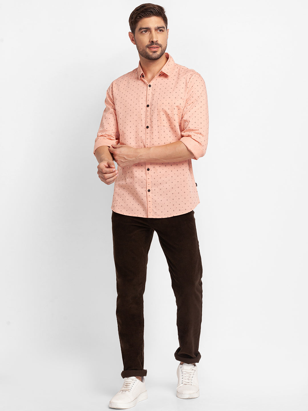 Spykar Dusty Pink Cotton Full Sleeve Printed Shirt For Men