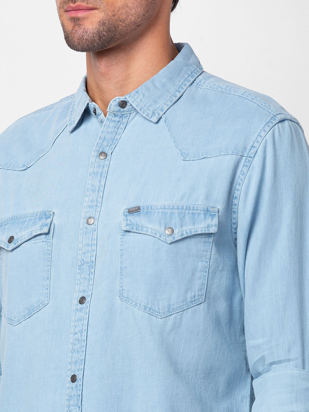 Spykar Men Ice Blue Cotton Slim Fit Denim Shirt