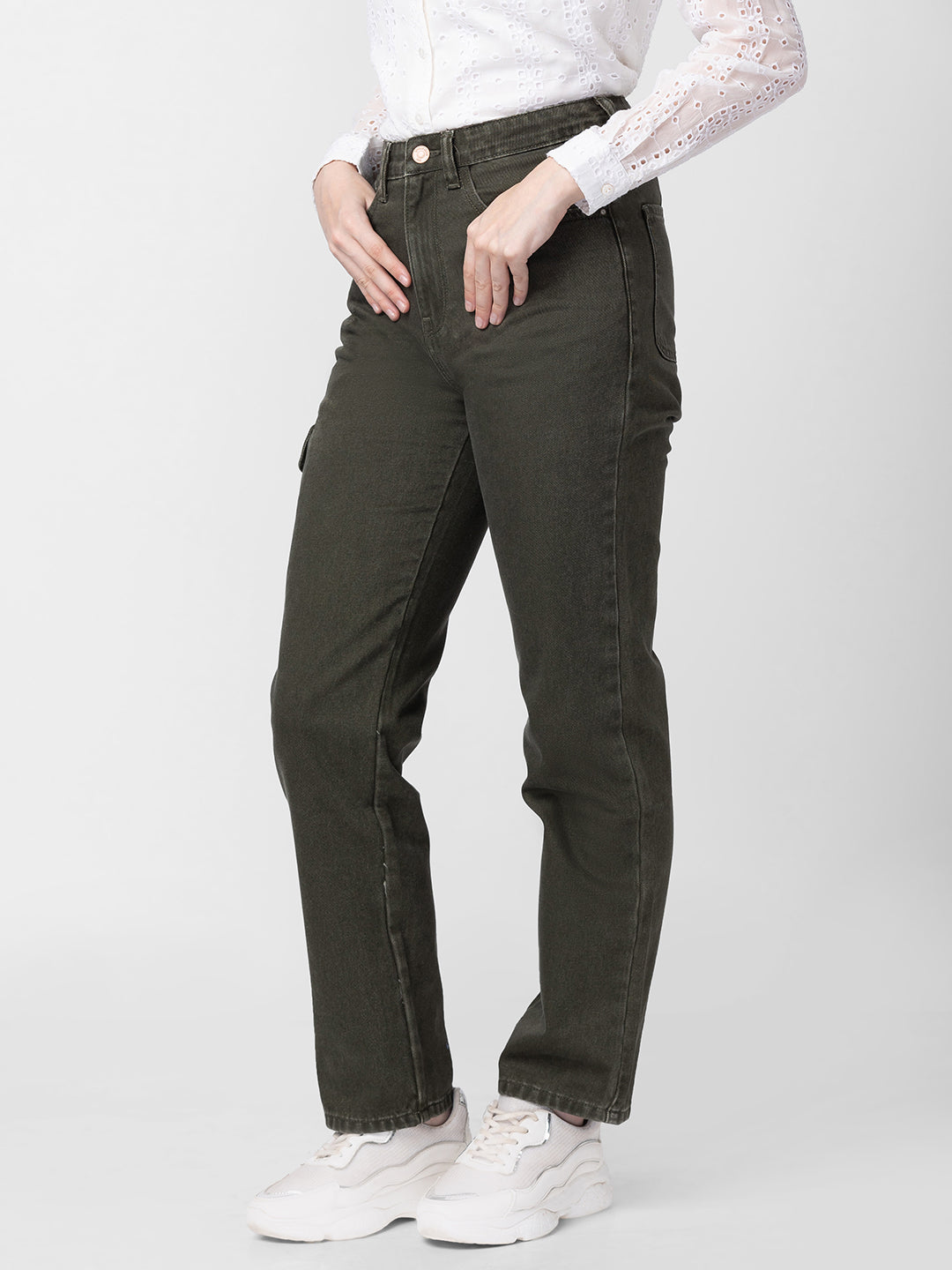 Spykar Women Olive Green Cotton Straight Fit Regular Length Jeans (Bella)