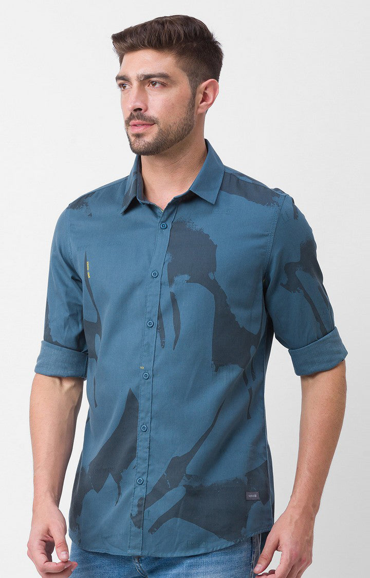 Spykar Sulphur Grey Cotton Full Sleeve Printed Shirt For Men