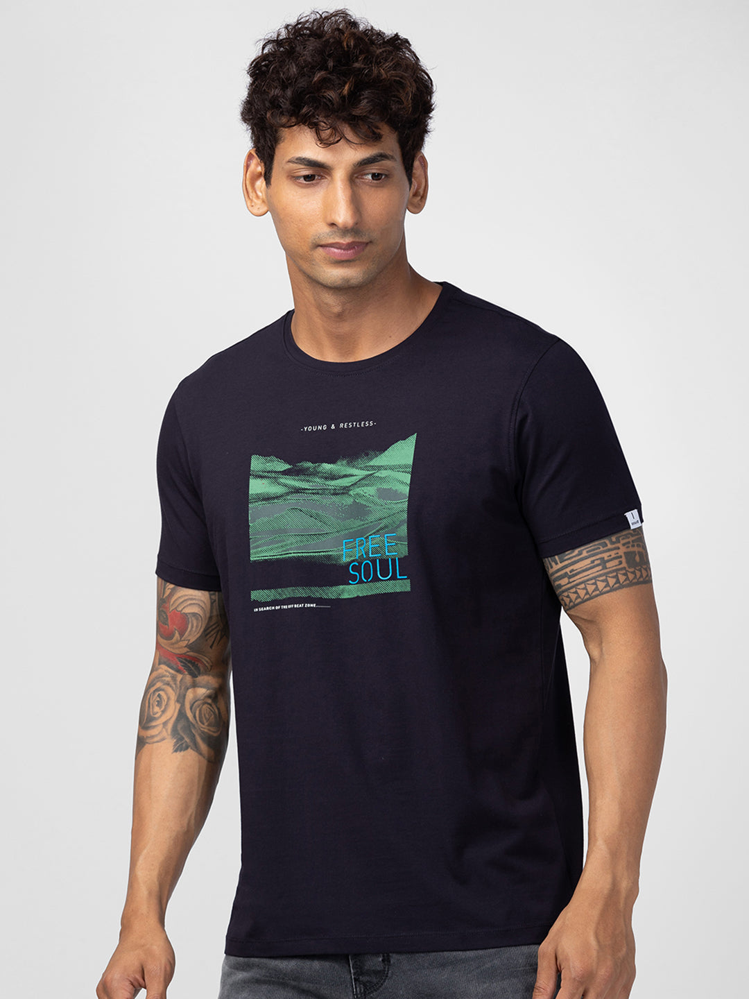 Spykar Men Navy Blue Cotton Regular Fit Half Sleeve Printed T-Shirt