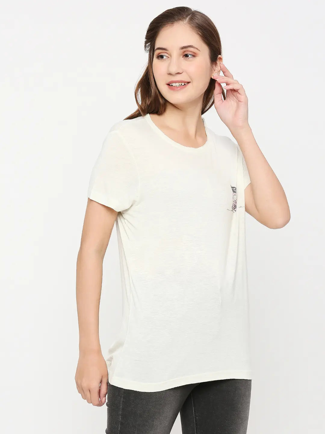 Spykar Women White Cotton Slim Fit Round Neck Plain Tshirt