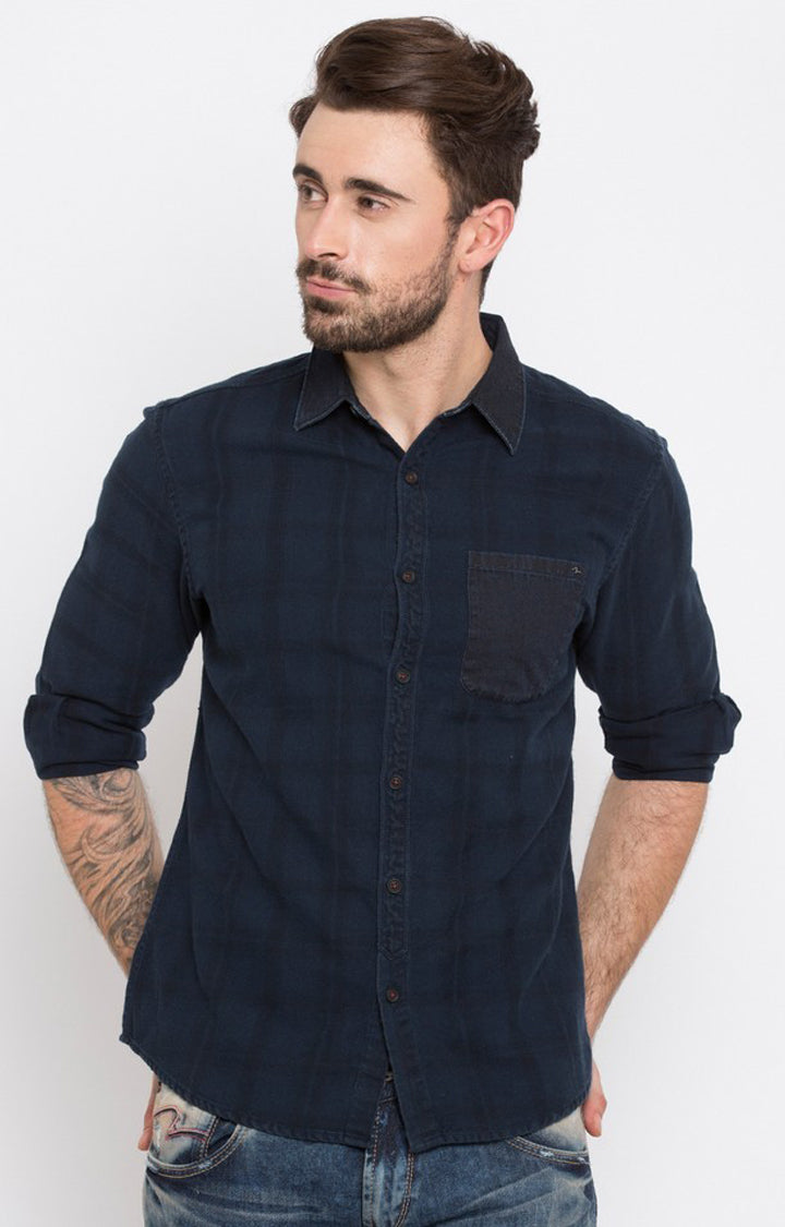 Spykar Blue Cotton Slim Fit Shirts For Men