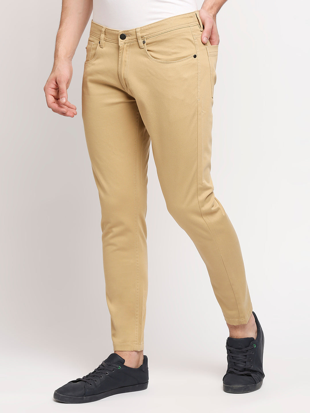 Spykar Men Sand Khaki Solid Slim Mid-Rise Trouser
