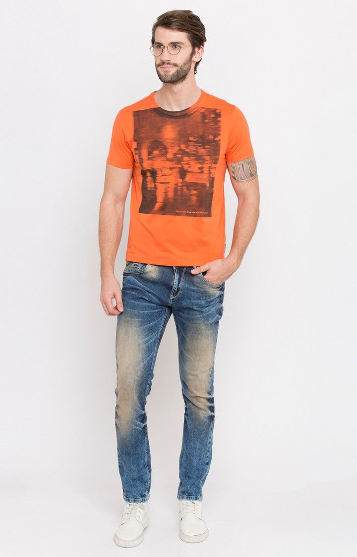 Spykar Orange Printed Slim Fit Men T-Shirts