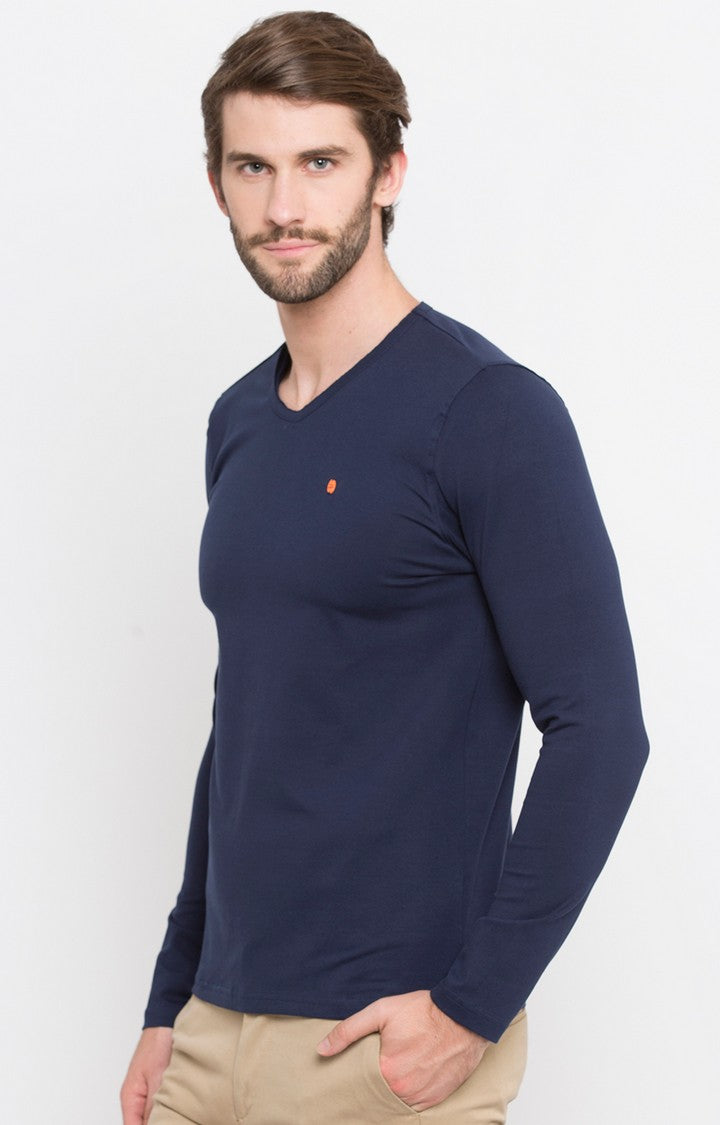 Spykar Men Blue Cotton Slim Fit V-Neck T-Shirt